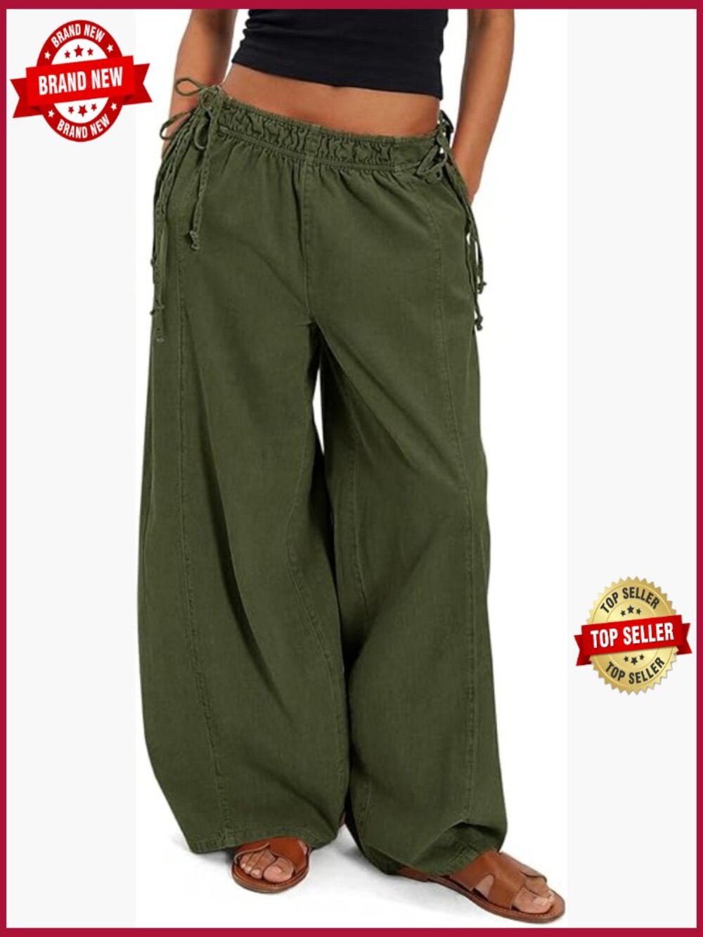 Womens Wide Leg Casual Pants Drawstring Elastic Waist Loose Cotton Pants with
